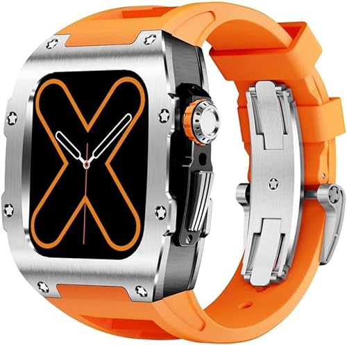 NRYCR Robustes Titan-Gehäuse, Gummiband, Mod-Kit, für Apple Watch 44, 45 mm, Ersatzzubehör, für Herren und Damen, Hartmetall-Uhrengehäuse, Silikon-Uhrenarmband, für iWatch 9, 8, 7, 6, 5, 4, SE-Serie, von NRYCR