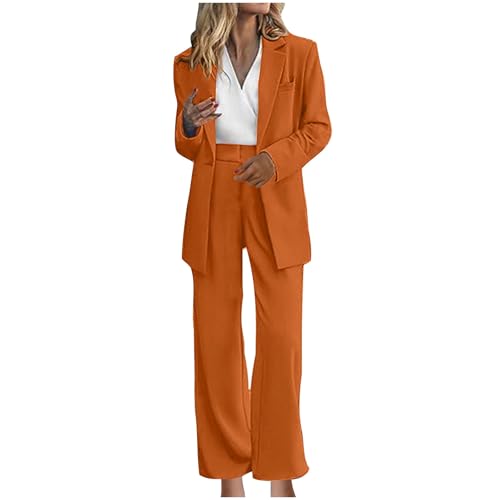 Damen Hosenanzüge Blazer Anzug Set Verkauf 2 Stück Outfits Langarm Cardigan Open Front Blazer Jacke Breites Bein Hose Business Anzüge Hochzeit Gäste Outfit Casual Büro Arbeitskleidung, Gelb, S von NSICBMNO