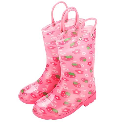 NSICBMNO Gummistiefel für Kinder – wasserdichte Gummistiefel für Mädchen und Jungen, Gummistiefel mit Tragegriffen, florale Erdbeer-Regenschuhe, rutschfeste Gummistiefel, Outdoor, Schlamm, Pfütze von NSICBMNO