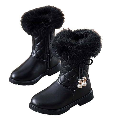 NSICBMNO Kinder Winterstiefel Mädchen Cowgirl-Stiefel Kunstfellbesatz Winter Schnee Schleife Schuhe Plateau Cowgirl Stiefel Biker Stiefel Herbstschuhe, A Schwarz, 4.5 Jahre von NSICBMNO