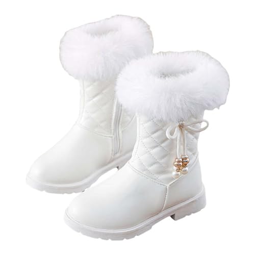 NSICBMNO Kinder Winterstiefel Mädchen Cowgirl-Stiefel Kunstfellbesatz Winter Schnee Schleife Schuhe Plateau Cowgirl Stiefel Biker Stiefel Herbstschuhe, A White, 4.5 Jahre von NSICBMNO