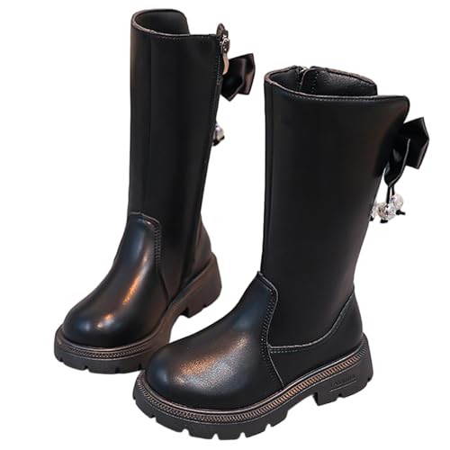NSICBMNO Kniehohe Stiefel für Mädchen, Cowgirl-Stiefel mit seitlichem Reißverschluss, Schleife, Prinzessinnen-Kunstleder, Cowgirl-Stiefel, Schulstiefel, Wandern, Mädchen, Reiten, niedrige Absätze, C von NSICBMNO