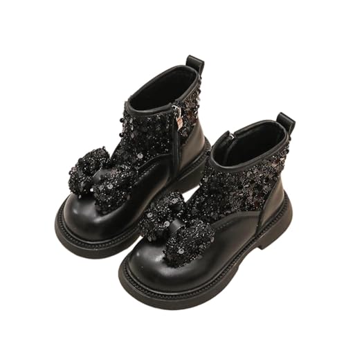 NSICBMNO Mädchen Stiefeletten Kampfstiefel Schleife glitzernde Prinzessin Schuhe Kunstleder Schuhe Chunky Boot Reitstiefel Kinder Gummistiefel Schule, A Schwarz, 27 EU von NSICBMNO