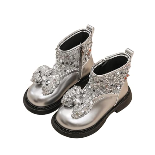 NSICBMNO Mädchen Stiefeletten Kampfstiefel Schleife glitzernde Prinzessin Schuhe Kunstleder Schuhe Chunky Boot Reitstiefel Kinder Gummistiefel Schule, Ein Silber, 32 EU von NSICBMNO