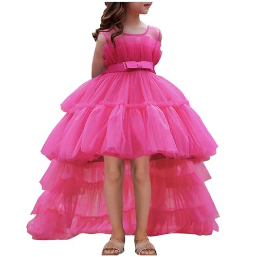 NSICBMNO Partykleid Mädchen Tüll Kleider Stufige Rüschen Fliege High Low Pirncess Abschlussball Geburtstag Party Kleid Erstkommunion Festzug Kleider Tanz Erstkommunion Ballkleid für 2-10 Jahre, 01 Hot von NSICBMNO