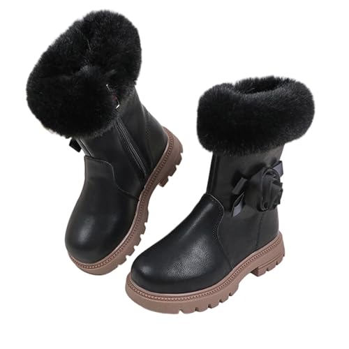 NSICBMNO Winterstiefel für Mädchen, Cowgirl-Stiefel, Kunstfellbesatz, Winter-Schnee-Blumen-Prinzessinnenschuhe, PU-Leder-Stiefel, Cowgirl-Stiefel, Schulstiefel, runde Zehenschuhe, A Schwarz, 31 EU von NSICBMNO