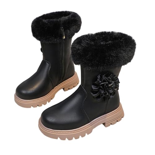 NSICBMNO Winterstiefel für Mädchen, Cowgirl-Stiefel, Kunstfellbesatz, Winter-Schnee-Blumen-Prinzessinnenschuhe, PU-Leder-Stiefel, Cowgirl-Stiefel, Schulstiefel, runde Zehenschuhe, B Schwarz, 27 EU von NSICBMNO
