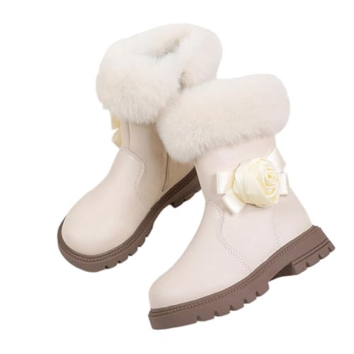 NSICBMNO Winterstiefel für Mädchen, Cowgirl-Stiefel, Kunstfellbesatz, Winter-Schnee-Blumen-Prinzessinnenschuhe, PU-Leder-Stiefel, Cowgirl-Stiefel, Schulstiefel, runde Zehenschuhe, Beige., 29 EU von NSICBMNO