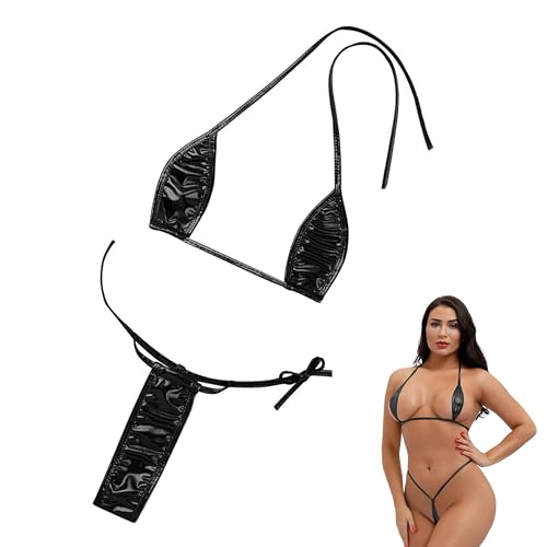 One Piece Bikini Women's Three-Point Monokini PU Leather Swimsuit Sexy Halterneck Swimsuit Triangle Push Up String Bikini String Body Backless Erotic Swimwear von NSKRKOW