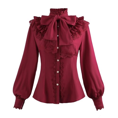 NSPSTT Viktorianische Bluse Gothic Hemd Button Down Blusen Langarm Vintage Bluse Weiß Puffärmel Top für Frauen, Rot-1043c, L von NSPSTT