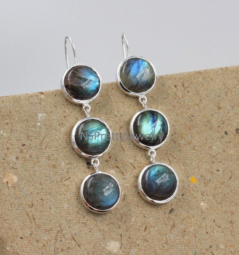 Labradorit Ohrring Seltene Runde Cabochon Edelstein 925 Sterling Silber Ohrringe Baumeln von NSRareGemsNJewelry