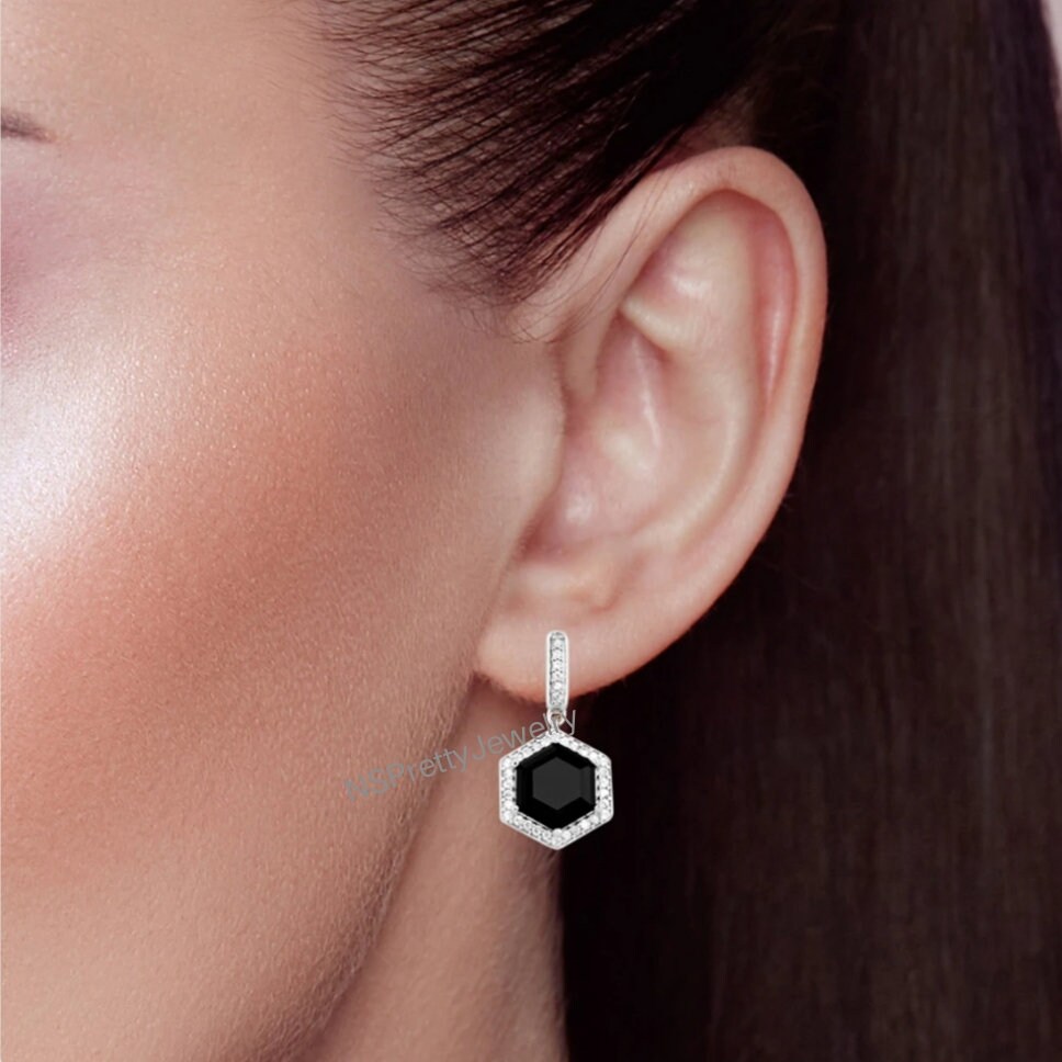 Schwarzer Onyx Ohrringe, Ohrstecker, Edelstein Silber Facettierter Edelstein, Hexagon Sterling Zirkon Schwarzer Onyx Ohrringe, Ohrstecker, Edelstein Silber Facettierter Edelstein, Hexagon Sterling Zirkon von NSRareGemsNJewelry