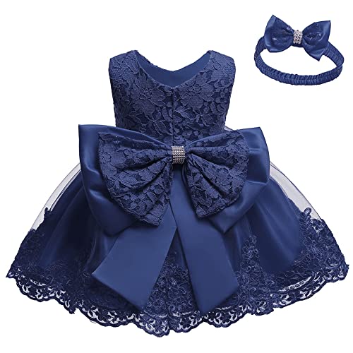 0–2 Jahre Baby Mädchen Festzug Spitzenkleider Kleinkind Party Stickerei Kleid mit Kopfbedeckung, Marineblau, 24 Monate von NSSMWTTC