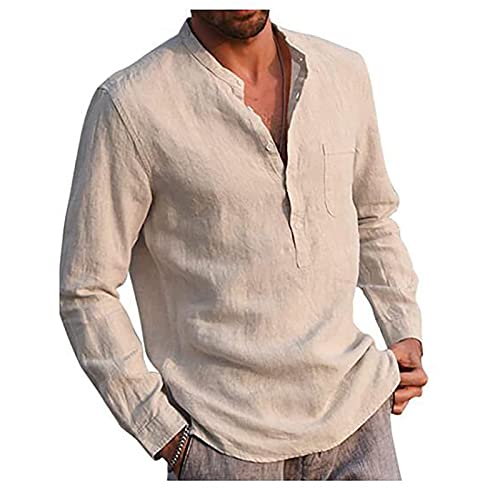 Herren Leinenhemden Einfarbig Henley Hemden Lose Sommer Strandhemd Lässiges Langarm Baumwoll Leinenhemd mit Brusttasche (Khaki,4XL) von NSYWBZB