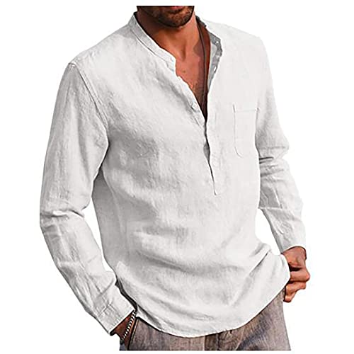 Herren Leinenhemden Einfarbig Henley Hemden Lose Sommer Strandhemd Lässiges Langarm Baumwoll Leinenhemd mit Brusttasche (Weiß,3XL) von NSYWBZB