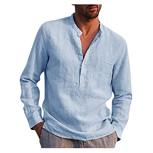 Herren Leinenhemden Einfarbig Henley Hemden Lose Sommer Strandhemd Lässiges Langarm Baumwoll Leinenhemd mit Brusttasche (Blau,4XL) von NSYWBZB