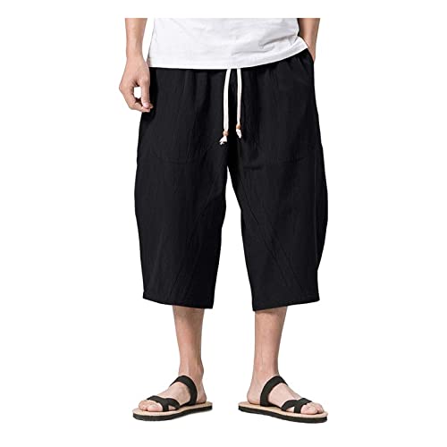 NSYWBZB Kurze Hosen Herren Leinen-Shorts Baumwolle 3/4 Leinenhose Lässige Männer Strandhose Stoffhose Freizeithose Sommershorts mit Tunnelzug Joggingshort (Schwarz,3XL) von NSYWBZB