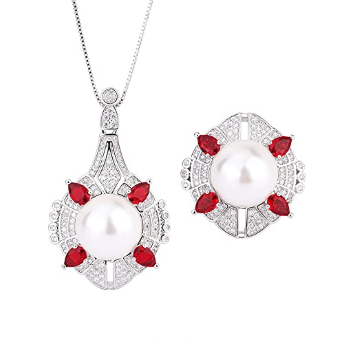 NTALJC 14 mm weißer Perle Ruby Emerald Anhänger Halskette Ring für Frauen Hochzeit Engagement Schmucksets Geschenk von NTALJC