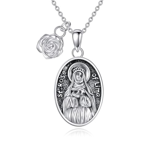 NTALJC Cross Halskette 952 Silber Halskette Saint Christopher/Jungfrau Maria/Heilige Rose von Lima Medaille Gebet Anhänger Religiöser Schmuck für Frauen Männer Männer von NTALJC