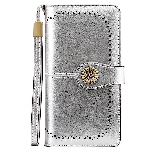 NTALJC Geldbörsen für Damen, RFID-blockierende Damen-Geldbörse, dreifach faltbar, echtes Leder, Lange Damen-Geldbörse mit großer Kapazität, Damen-Reise-Geldbörse, Handgelenk-Kartenetui, Geldbörse, T von NTALJC