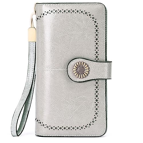 NTALJC Geldbörsen für Damen, RFID-blockierende Damen-Geldbörse, dreifach faltbar, echtes Leder, Lange Damen-Geldbörse mit großer Kapazität, Damen-Reise-Geldbörse, Handgelenk-Kartenetui, Geldbörse, D von NTALJC