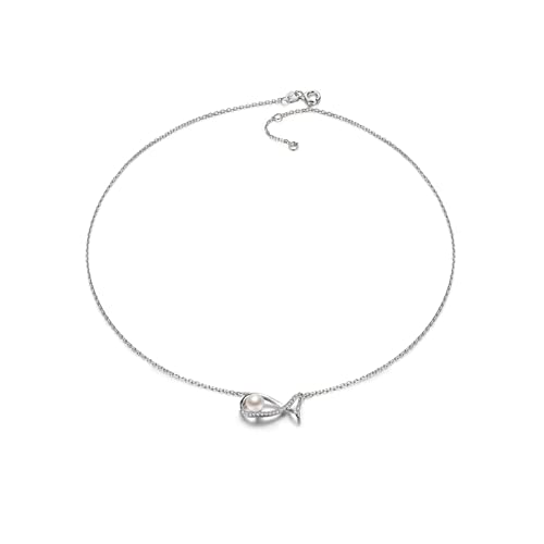 NTALJC Halskette Halskette Kleine Fisch 925 Eingelegtes Süßwasserperlen Anhänger Kette Weiß 5-6 mm runde Modeschmuck für Frauen Frauenanhänger von NTALJC