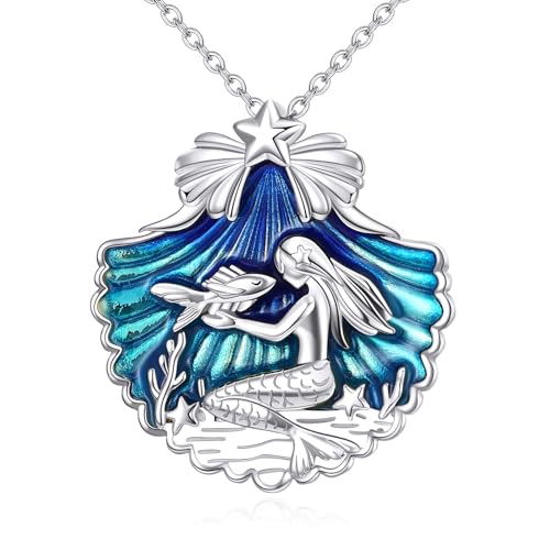 NTALJC Meerjungfrau Halskette Silber Little Meerjungfrau Muschel Anhänger Halskette Strand Ozean Schmuck Geschenk für Frauen Liebhaber von NTALJC