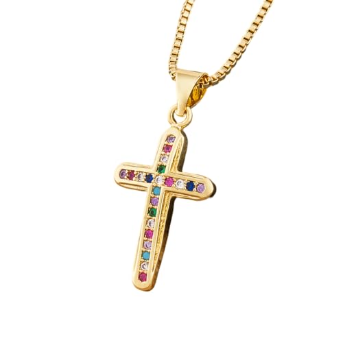 NTALJC Plattierte Kreuzkette für Frauen, eingelegt mit farbenfrohen Kubikzirkonia -Steinen, Kubikzirkonia, kein Edelstein von NTALJC