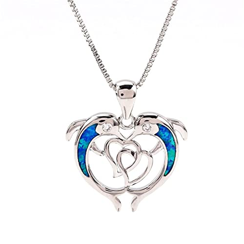 NTALJC Süße weibliche Delphin Herz Anhänger Halskette Gelb Gold Silber Farbkette Halsketten Vintage weiß blau Opal Halsketten für Frauen von NTALJC