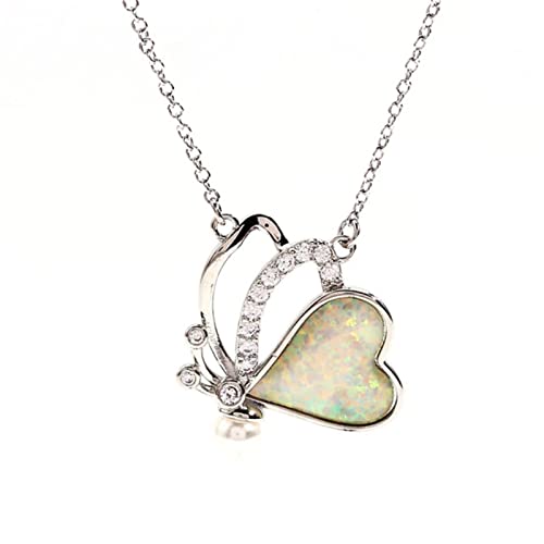 NTALJC Süße weibliche Herz Schmetterling Anhänger Halskette Rose und Gold Silber Farbkette Halsketten Vintage weiß blau Opal Halsketten für Frauen von NTALJC