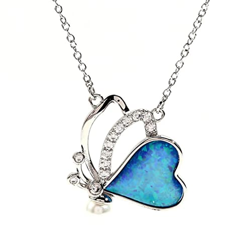 NTALJC Süße weibliche Herz Schmetterling Anhänger Halskette Rose und Gold Silber Farbkette Halsketten Vintage weiß blau Opal Halsketten für Frauen von NTALJC