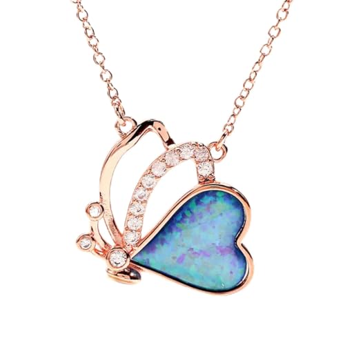 NTALJC Süße weibliche Herz Schmetterling Anhänger Halskette Rose und Gold Silber Farbkette Halsketten Vintage weiß blau Opal Halsketten für Frauen von NTALJC