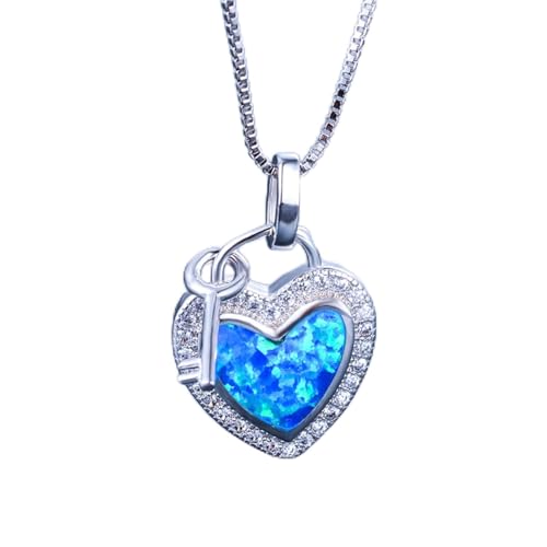 NTALJC Weibliche blaue Feuer Opal Anhänger Halsketten Silber Farbe Herzschlüsselkette Vintage Hochzeitsketten für Frauen von NTALJC
