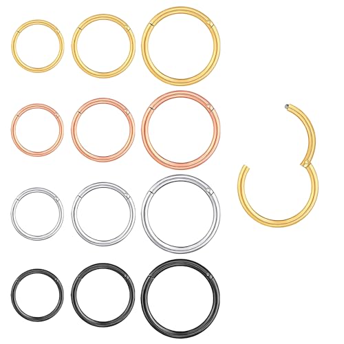 NTGRTY 12 Stück Nasenring Edelstahl, Nasenringe Nasenpiercing, Hoop Nose Ring, Helix Ring Set, Daith Ring, Septum Ringe, Hoop Ohrringe Septum für Damen Männer Silber Gold Schwarz Roségold 7mm 8mm 9mm von NTGRTY