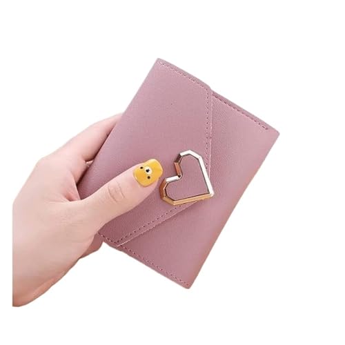 NTIYOU Geldbörsen Geldbörse Damen Pu Leder Geldbörse Mini Metall Herz Kartenhalter Kurz Dreifach Münzfach Lässige Klassische Geldbörsen Dauerhaft (Color : Pink, Size : 9x11.5cm) von NTIYOU