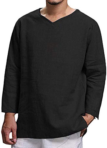 Herren Leinenhemd Langarm Regular Fit Freizeithemd Shirts Sommerhemd Männer Top (Schwarz, M) von NTNY3