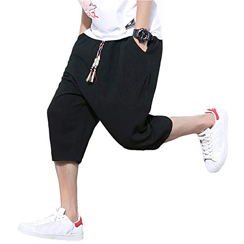 NTNY3 Herren Leinen Sweat Short Kurze Hose Herrenshorts Bermuda Sweatpant Sommerhose (Schwarz, M) von NTNY3