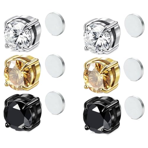 3 Paare 6mm Edelstahl Magnet Ohrringe Herren Damen Männer Mädchen CZ Kristall Strass Rund Magnet Ohrstecker Clips Tunnel Ohrclips Ohne Ohrloch Non Piercing Ohrringe Set Zirkonia Schwarz Silber Gold von NTRUXZP