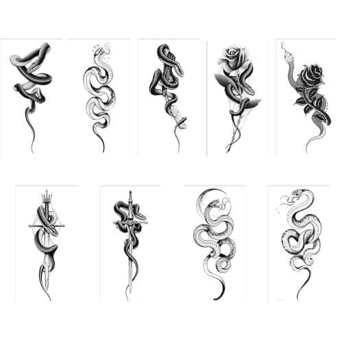 NTRUXZP 9 Blatt Realistisch Schlange Temporäre Tattoos Frauen Männer Damen, 3D Unterarm Fake Tattoo Aufkleber Haut, Halloween Tribal Gothic Schlangen Halbarm Ärmel klebetattoos Tattoos Aufkleber von NTRUXZP