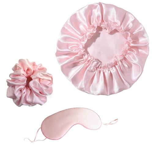NTRUXZP Set Seidenhaube Satin Bonnet Satin Schlafhaube Einstellbare Seidenmütze Silk Schlafmütze für Damen Mädchen(Rosa) von NTRUXZP