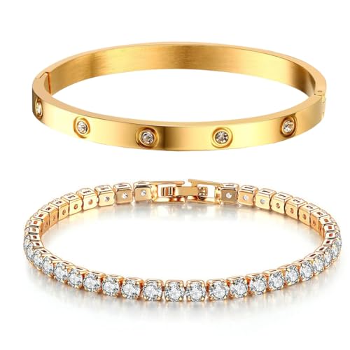 NTRUXZP Tennisarmband Damen Zirkonia Armreif : 2Pcs Armband für Frauen Edelstal 6mm Breit 17cm Armbänder Schmuck Geschenk golden für Mama Freund Tochter von NTRUXZP