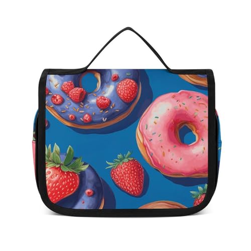 NTVOWPZO Kulturbeutel für Damen, Reise-Kulturbeutel, Donuts und Erdbeeren, Kosmetik-Organizer, hängende Make-up-Tasche, Stil, 22,5 x 18,5 cm, Stil, 22,5 x 18,5 cm, Stil:, 22.5x18.5cm von NTVOWPZO
