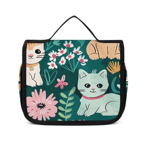 NTVOWPZO Kulturbeutel für Damen, Reise-Kulturbeutel, Katzen- und Blumen-Kosmetik-Organizer, Make-up-Tasche, Stil, 22,5 x 18,5 cm, Stil, 22,5 x 18,5 cm, Stil:, 22.5x18.5cm von NTVOWPZO
