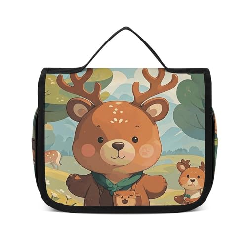NTVOWPZO Kulturbeutel für Damen, Reise-Kulturbeutel, Landhausstil, Bär, Hirsch, Kosmetik-Organizer, Make-up-Tasche, Stil, 22,5 x 18,5 cm, Stil, 22,5 x 18,5 cm, Stil:, 22.5x18.5cm von NTVOWPZO