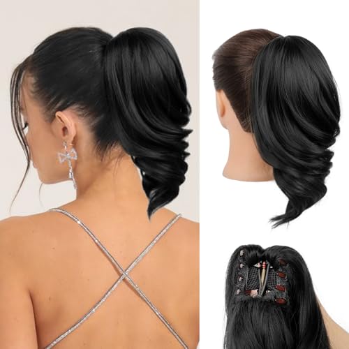 NTYNTY Pferdeschwanz-Verlängerung – 30,5 cm Klauen-Clip-in-Haarverlängerung, natürlich, weich, synthetisch, natürliche Wellen, Pferdeschwanz-Haarteile für Damen, Schwarz von NTYNTY