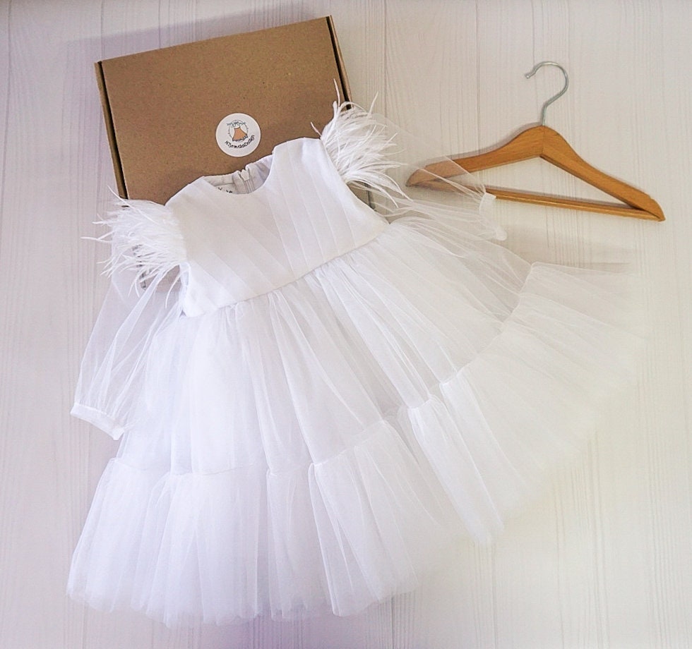Kleines Mädchenkleid, Weißes Kleid Zum Ersten Geburtstag, Tüll Baby Mädchen Kleid, Langarm Outfit, Federn Kleinkind Blumen von NTyravskaDesign