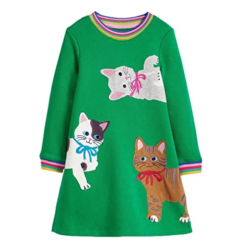 NUBEEHOHO Langarm-Kleid aus Baumwolle für Mädchen, lässiges Basic-Kleid, Cartoon-Applikation, Herbst- und Winterkleidung, A-2-Kat, 104 von NUBEEHOHO