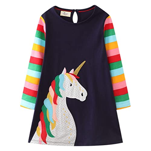 Toddle Mädchen A-Linie Kleid Regenbogen Muster Baumwolle Kleider Rundhalsausschnitt Langarm Gestreift Frühling Herbst Winter Casual Mädchen Kleidung, Einhorn/Regenbogen, 5 Jahre von NUBEEHOHO
