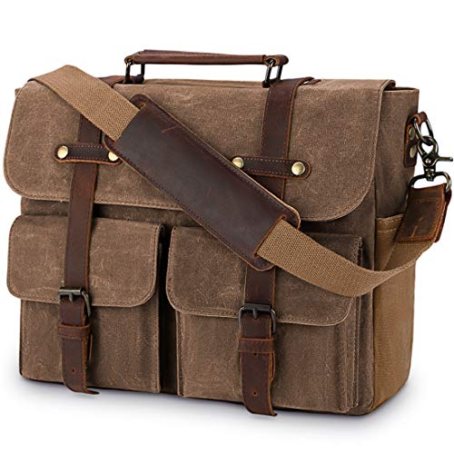 NUBILY Aktentasche Herren Umhängetasche Leder Canvas Arbeitstasche Schultertasche für Herren, Laptoptasche Messenger Bag für 15,6 Zoll Laptop,Braun von NUBILY