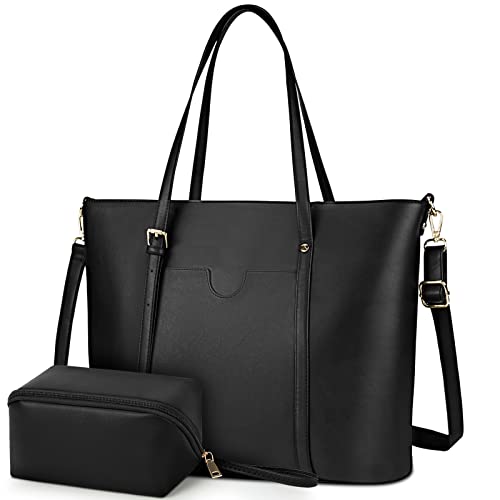 NUBILY Handtasche Shopper Damen Groß 15.6 Zoll PU Leder Shopper Schwarz Laptop Umhängetasche Gross Business Aktentasche Frauen mit Kosmetiktasche von NUBILY